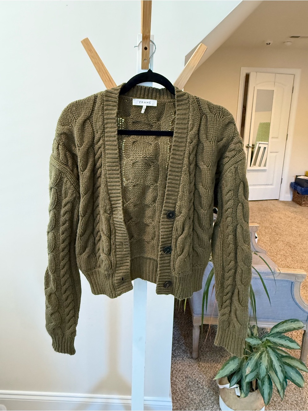Frame Denim Olive Green Cable Knit Button-Front Cardigan